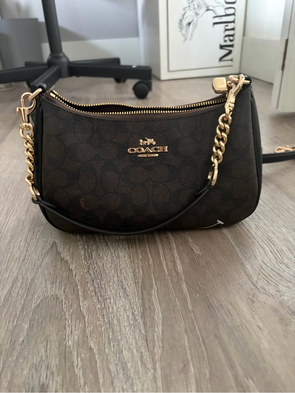 COACH Dark Brown Signature Canvas Shoulder Bag with Gold Chain